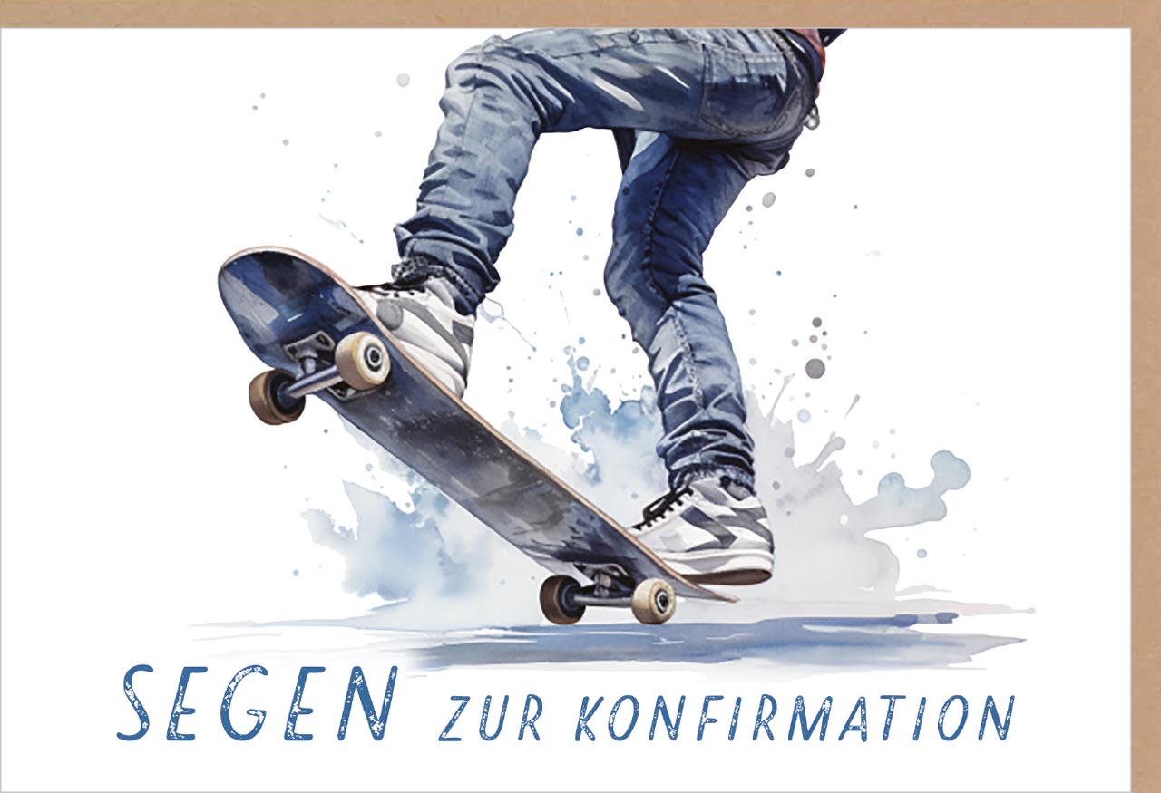 Faltkarte Segen zur Konfirmation - Skateboard blau