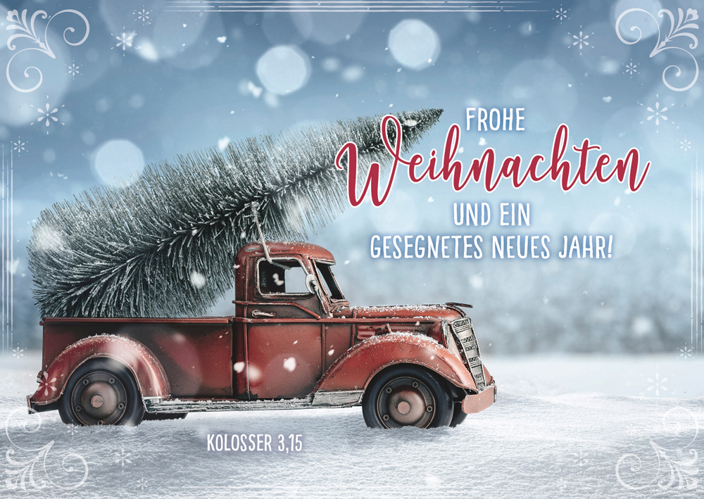 Postkarte Weihnachten Pickup mit Tannenbaum