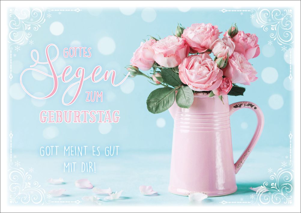 Postkarte Geburtstag Rosen in rosa Kanne