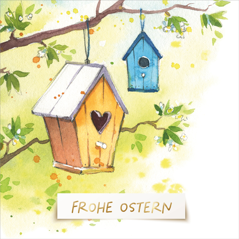 Faltkarte Oster bunte Vogelhäuschen