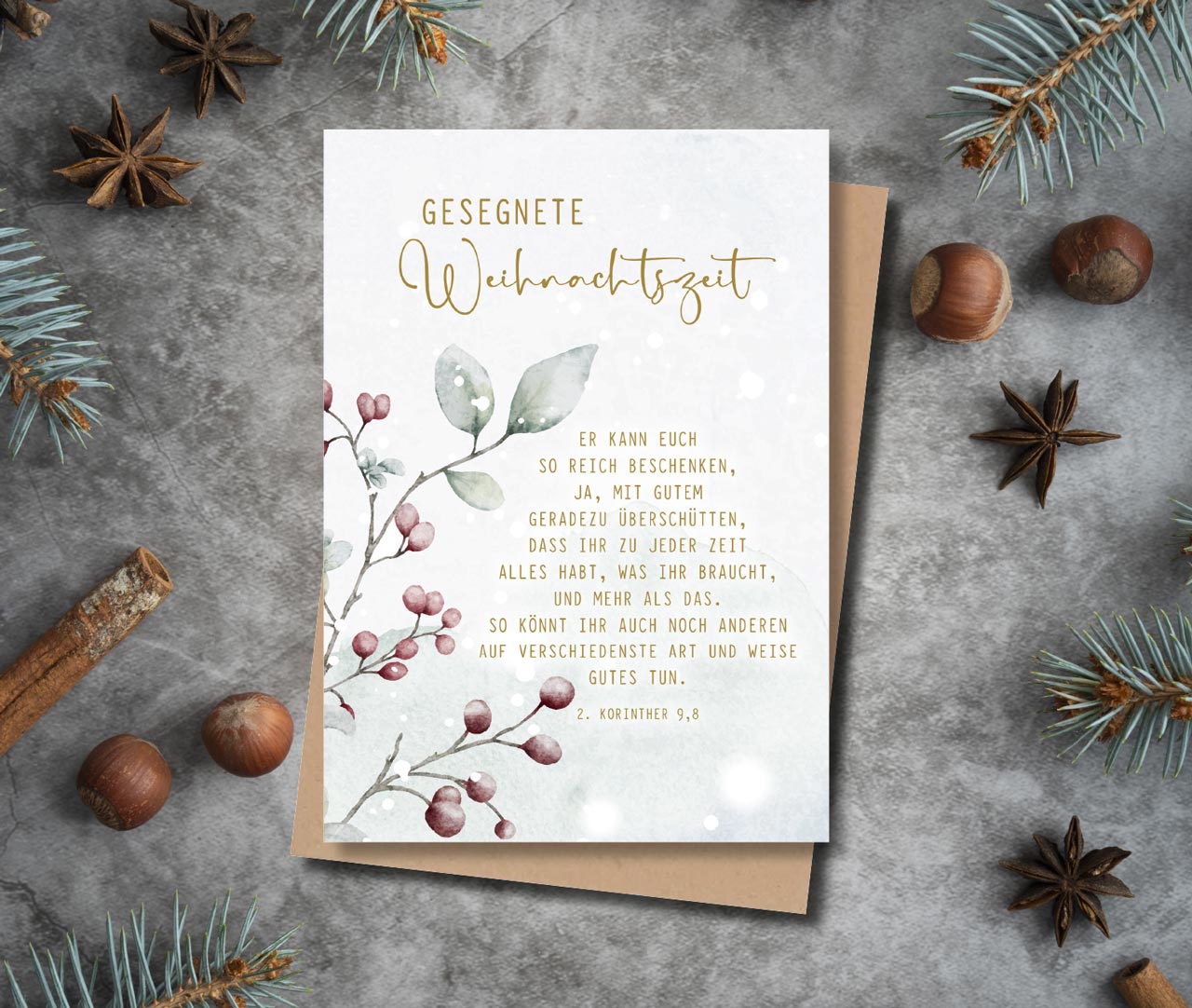 Faltkarte Weihnachten blassrote Beeren