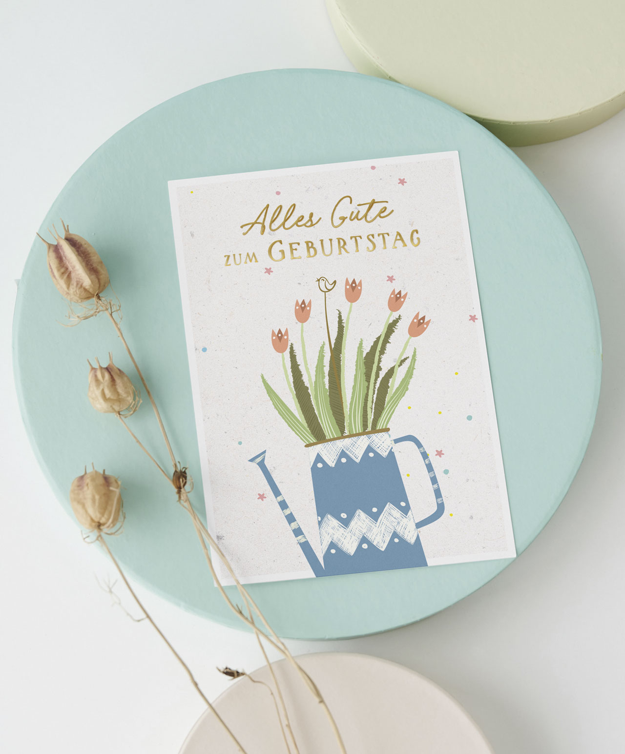 Postkarte Alles Gute Gießkanne Blumen