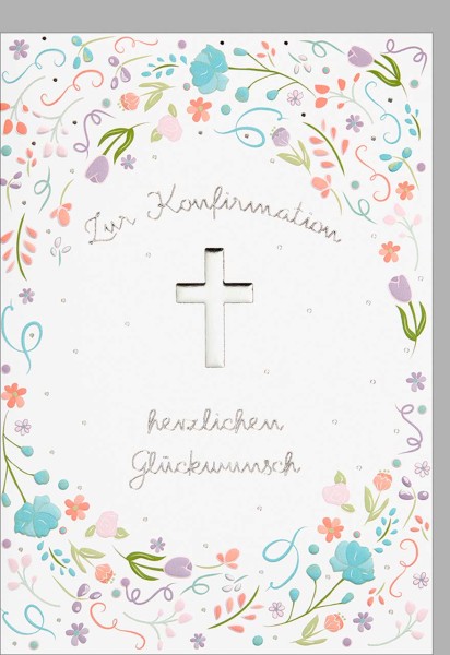 Doppelkarte Silbernes Kreuz, wilde Blumen - Konfirmation